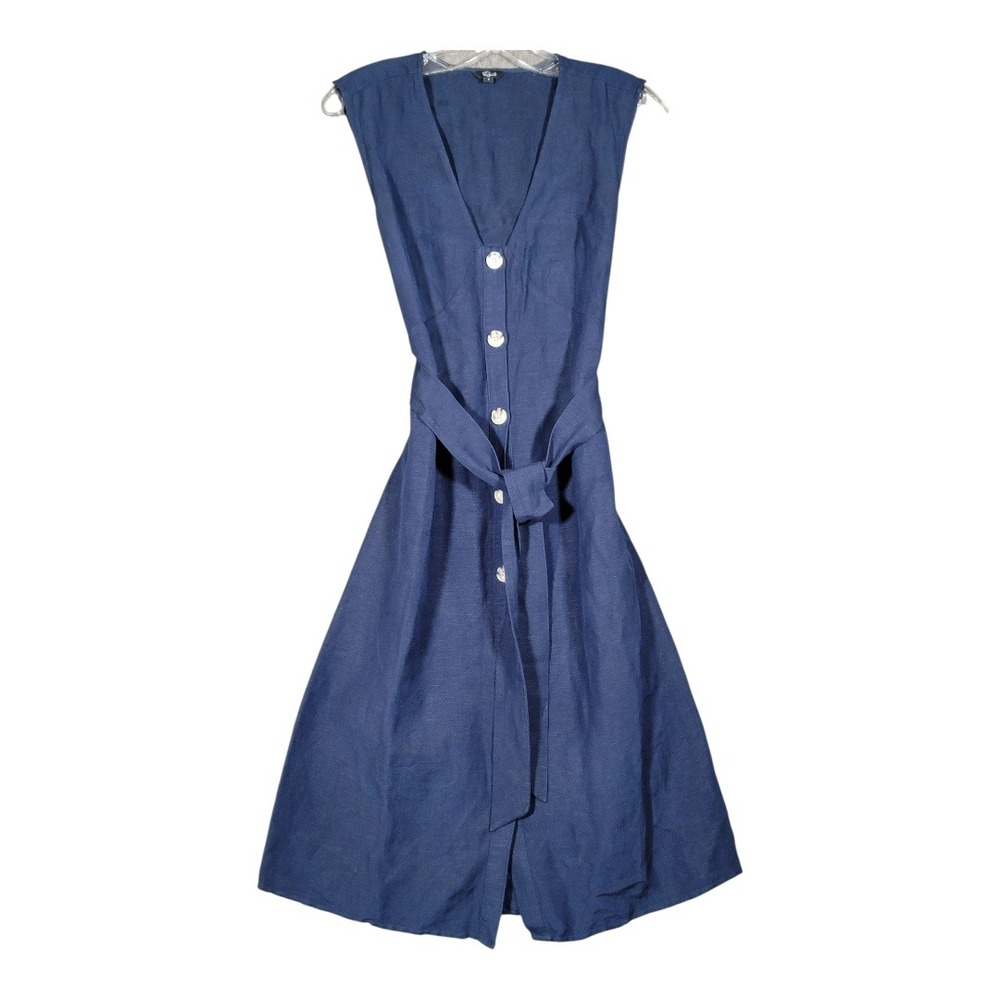 Rails Alice Indigo Linen Blend Sleeveless Button Front Tie Waist Midi Dress